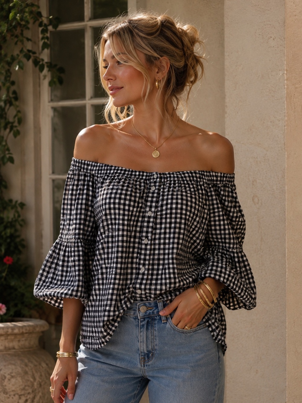 Indulge‎ Off the Shoulder Gingham Belle Sleeve Top - L